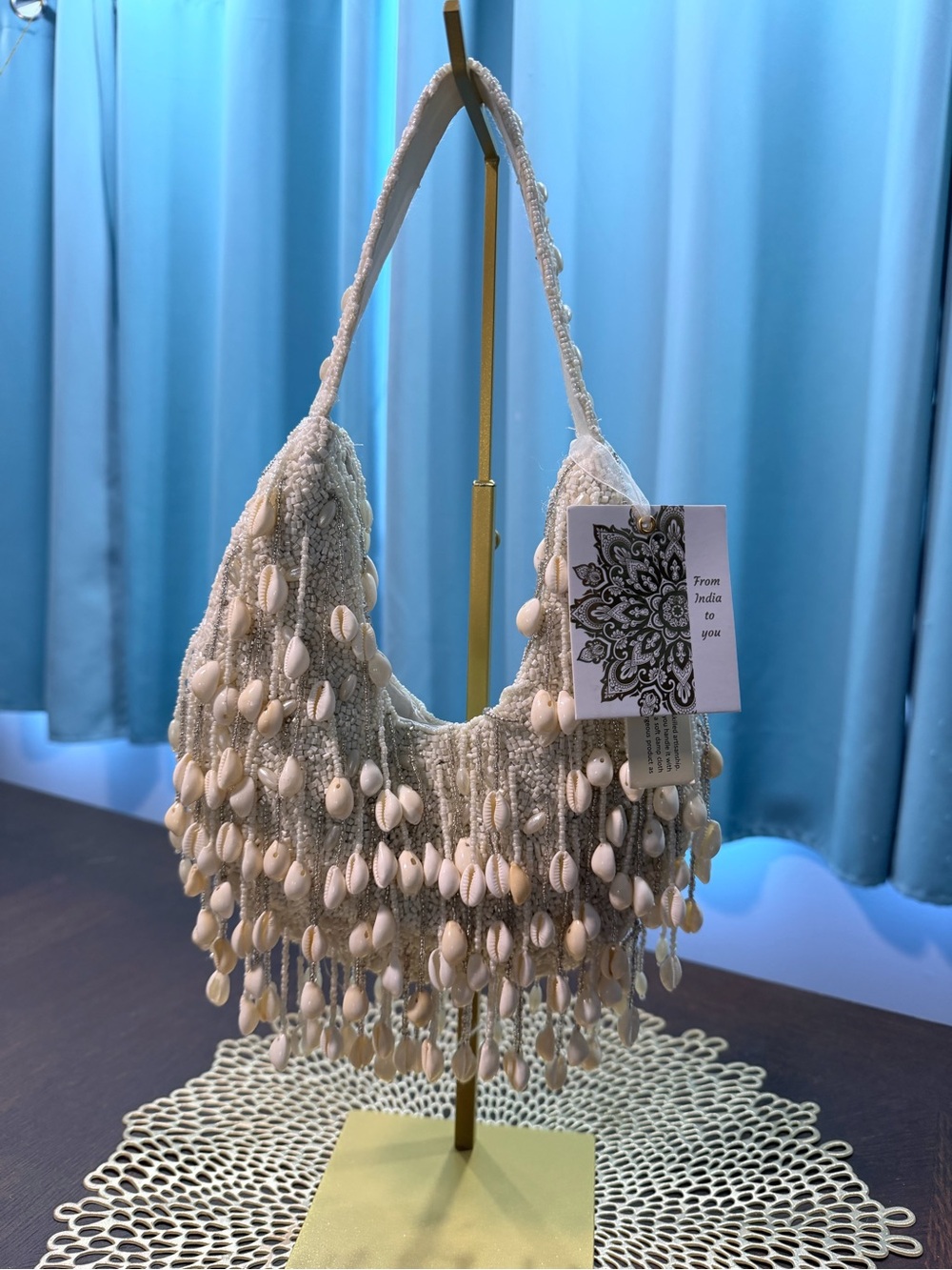 From India To You NWT Hand-Beaded Cowrie Shell Fringe Shoulder Bag Boho Coastal